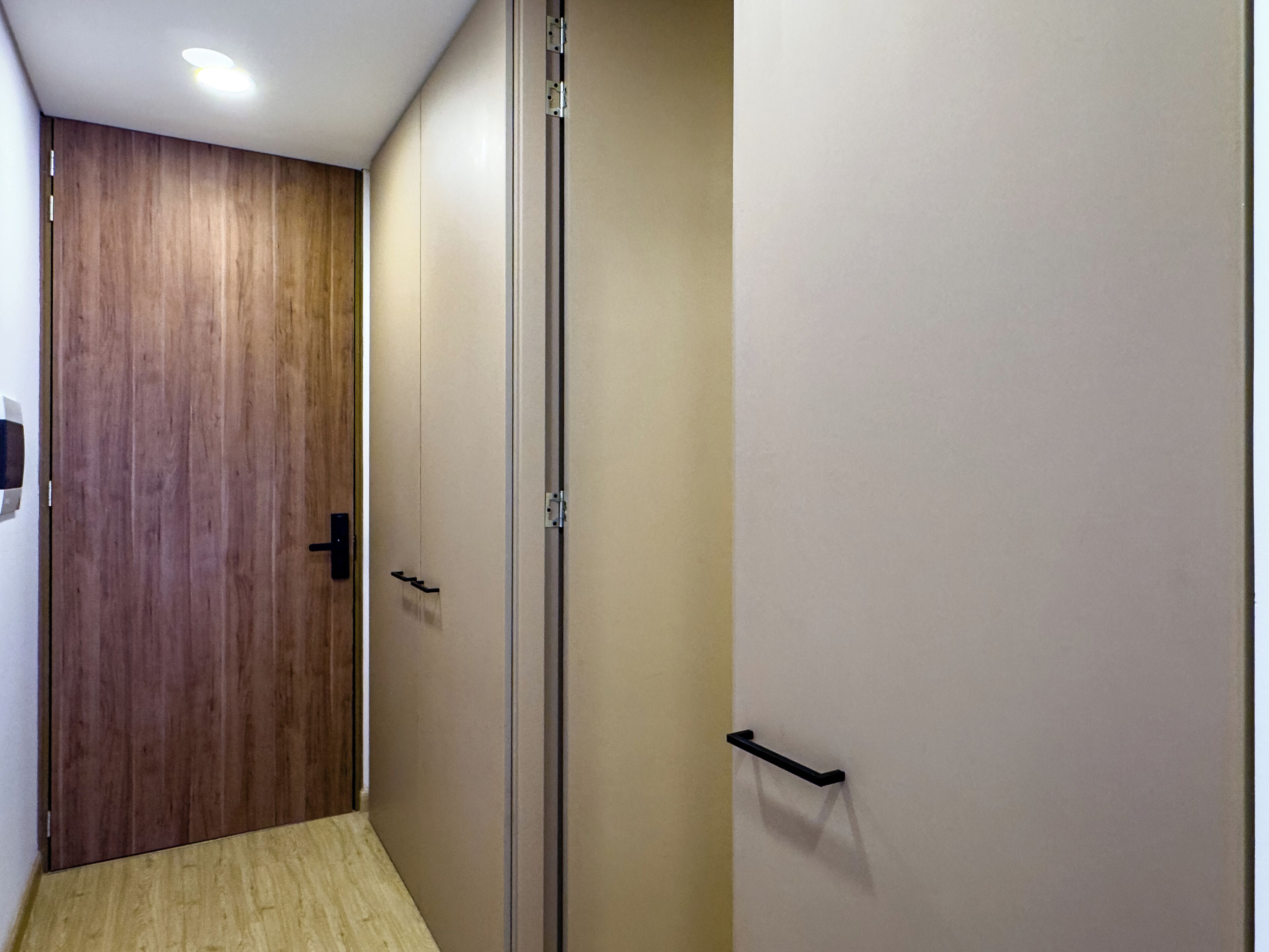 A hallway with a wooden door, a sliding door, and a white wall with a black handle.