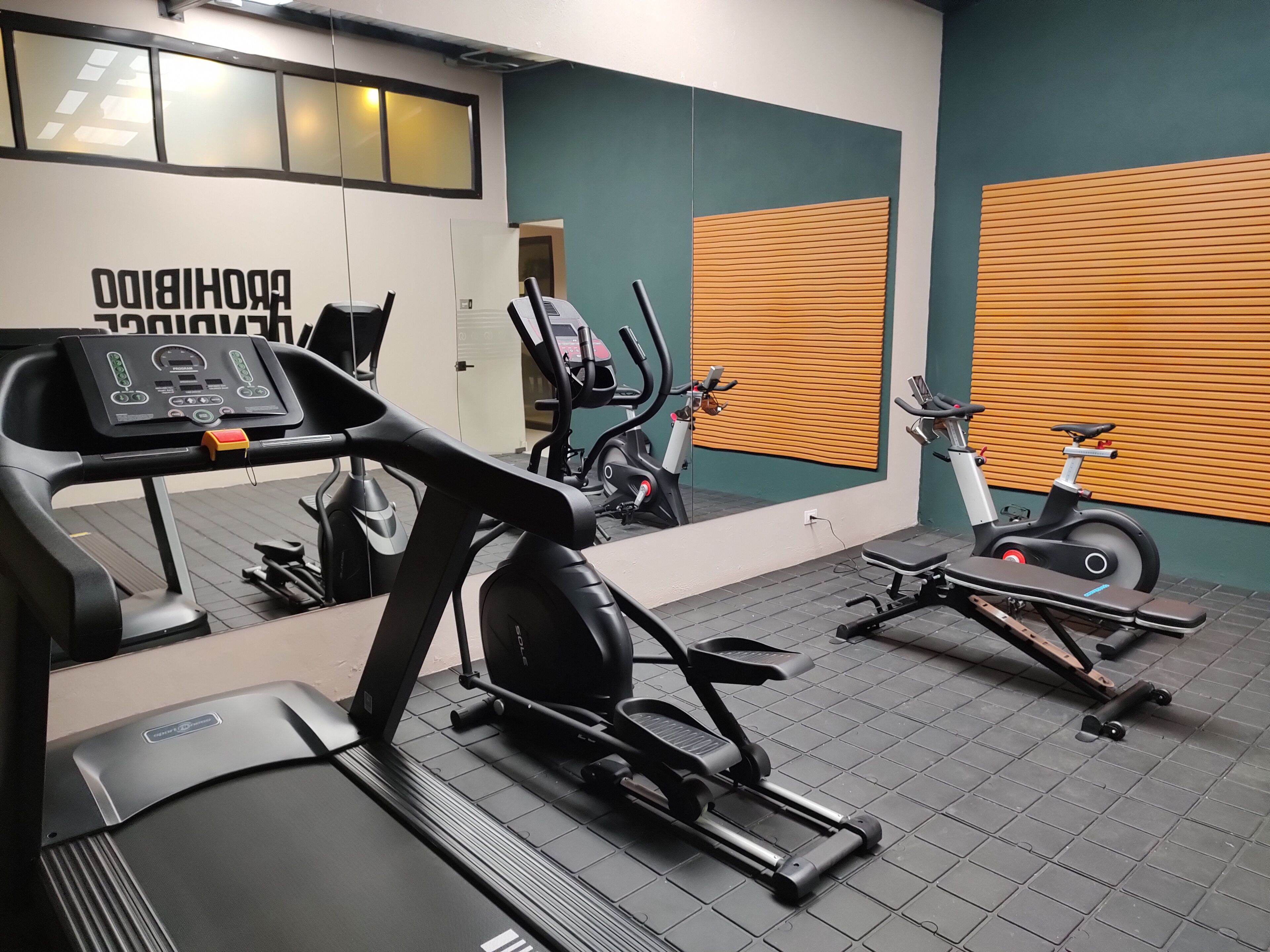 Un gimnasio con varios equipos de ejercicio, incluyendo cintas de correr, bicicletas estáticas y máquinas elípticas.