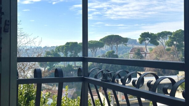 Ein Balkon mit Metallgeländer, blauem Himmel und Bäumen im Hintergrund.
