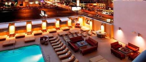 Indoor pool, outdoor pool, free pool cabanas, pool loungers