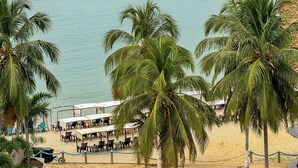 A beachside restaurant with outdoor seating, palm trees, and a view of the ocean.