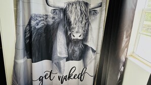 A bathroom with a shower curtain featuring a bull design and the phrase "get naked".