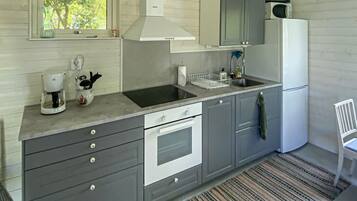 Fridge, stovetop, dishwasher, coffee/tea maker