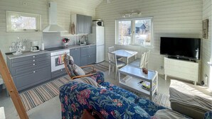 Une pièce compacte et bien éclairée, comprenant un coin cuisine, un espace repas et un coin salon avec un canapé et des fauteuils.
