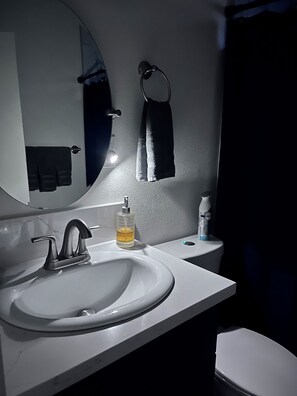 Hair dryer, towels, soap, shampoo