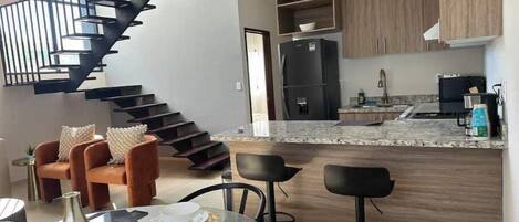 Fridge, microwave, oven, stovetop