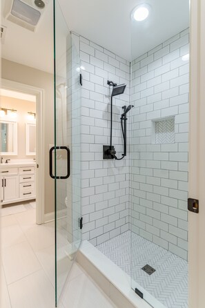 Shower, eco-friendly toiletries, hair dryer, bidet