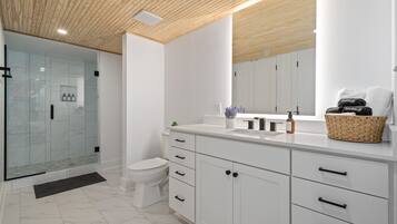 Hair dryer, towels, soap, toilet paper