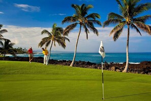 Un campo da golf con una bandierina, palme e vista sull'oceano.
