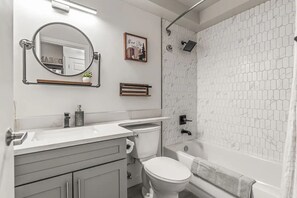Hair dryer, towels, soap, shampoo