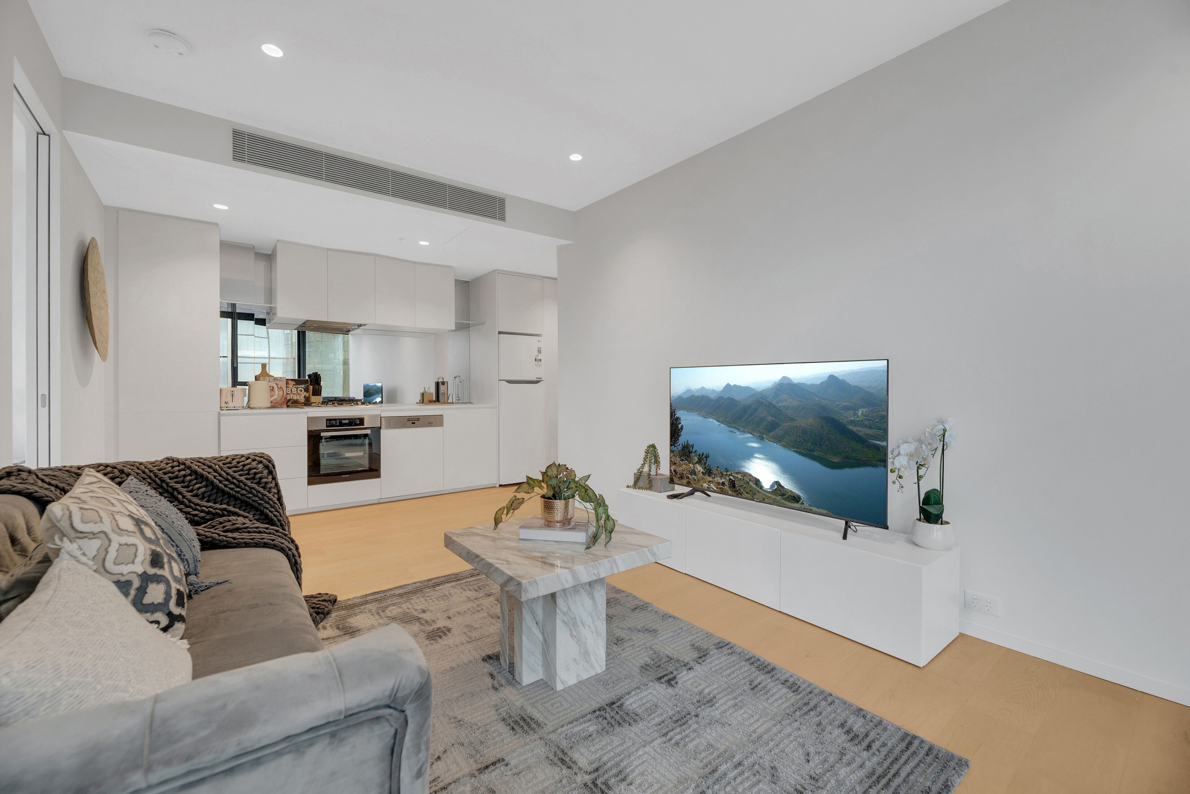 En moderne stue med en sofa, et sofabord med en plante og et stort tv, der viser et naturskønt landskab.