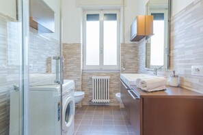 Shower, hair dryer, bidet, towels