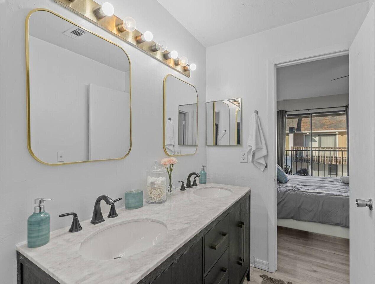 Double vanity sink with Master bedroom views
