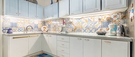 Fridge, oven, stovetop, cookware/dishes/utensils