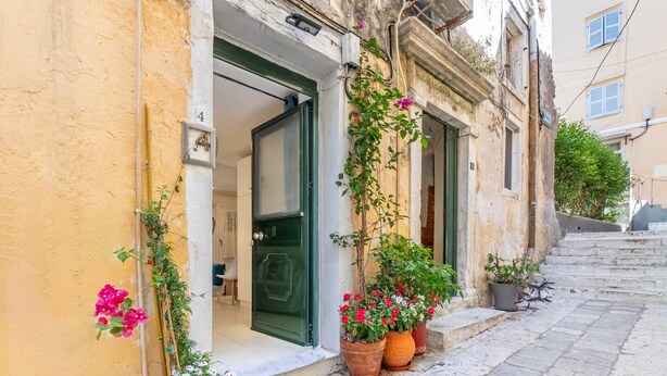 Une rue étroite avec une entrée d’immeuble, des plantes en pot et un escalier.