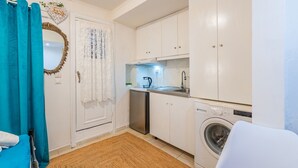 Une cuisine de taille réduite, équipée d’un lave-linge, d’un évier et de placards.