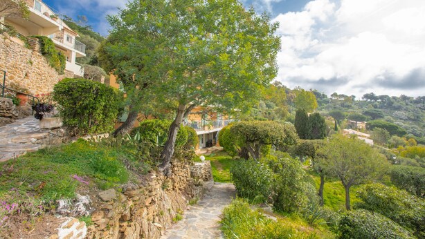 Un camino de piedra que lleva a una propiedad en una ladera, con un sendero arbolado y un edificio con balcones.