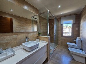 Shower, hair dryer, towels