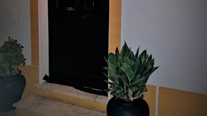 Ein Gebäudeeingang mit einer schwarzen Tür, einem Blumentopf im Vordergrund und einem Schild an der Wand.