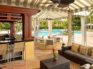 A covered outdoor area with a pool, bar, and seating. - Carlsbad | Bright Beach Retreat | Pool + Ocean (Carlsbad)