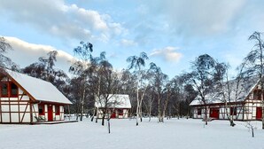 A snow-covered landscape with traditional wooden buildings, likely a rural or historical setting.