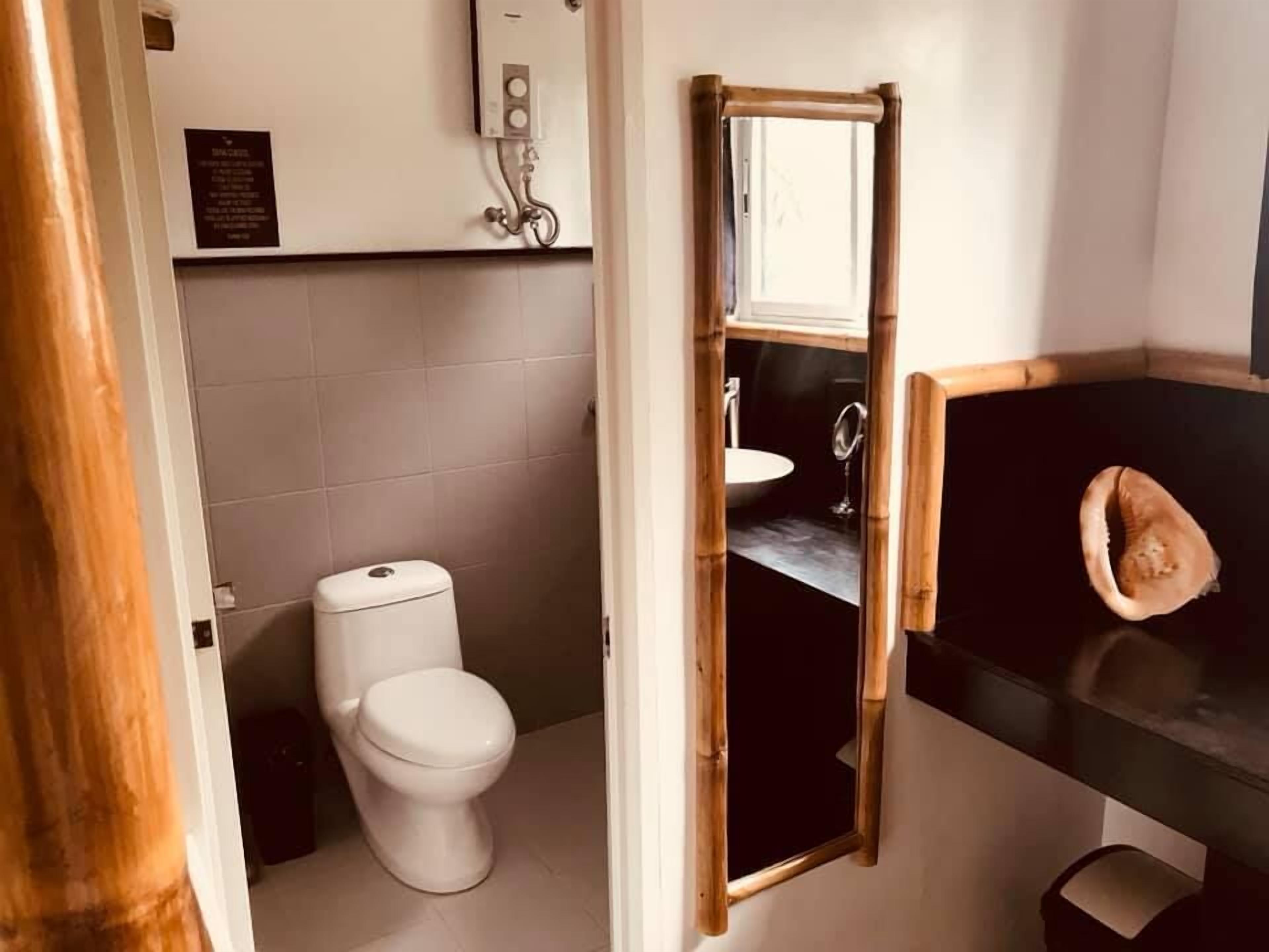 A bathroom with a toilet, a sink, and a mirror.