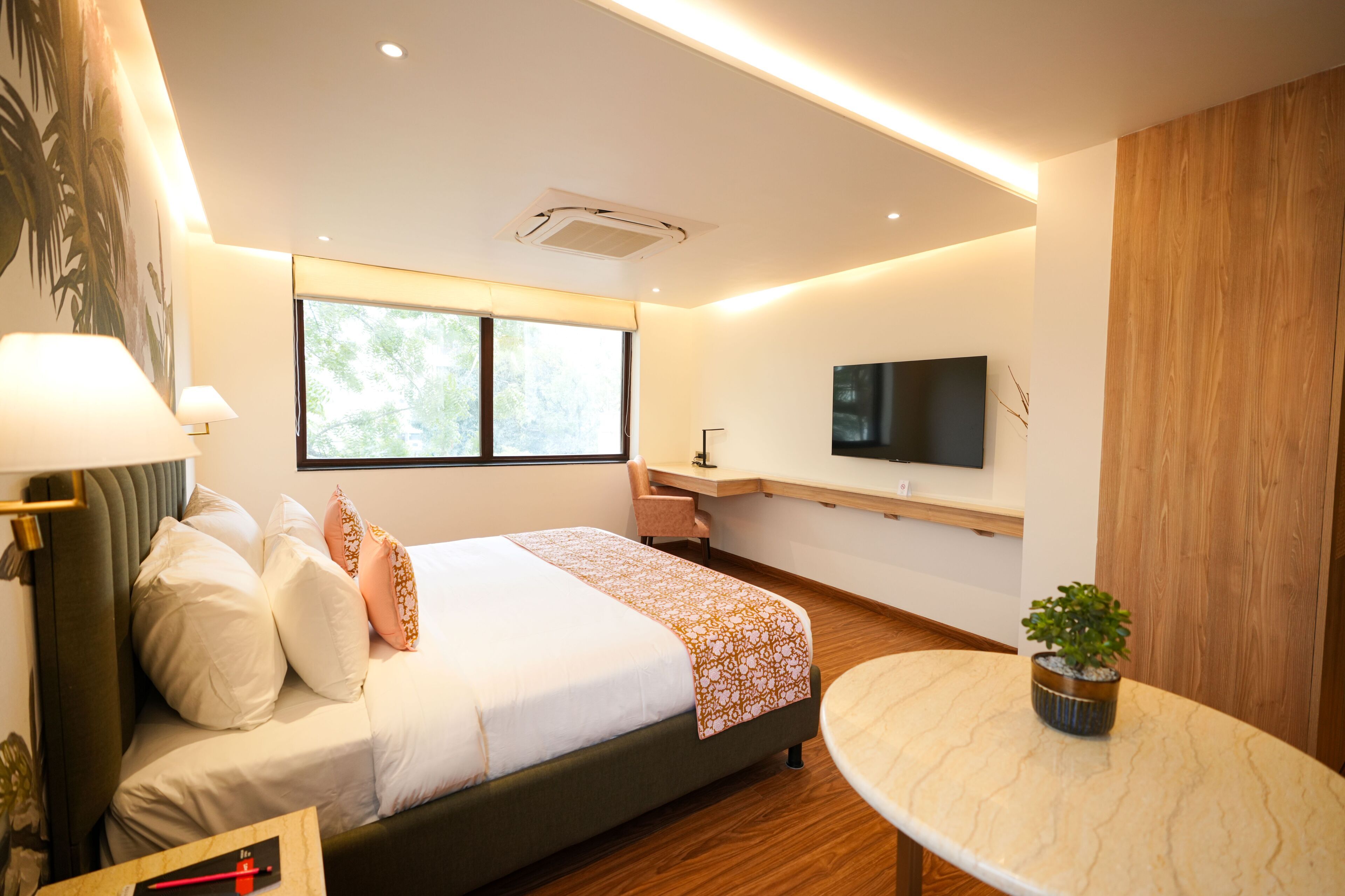 Une chambre d’hôtel moderne équipée d’un lit, d’une table de chevet, d’une lampe, d’une télévision et d’une petite plante en pot.