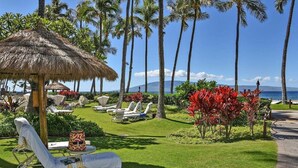 Un complexe hôtelier doté de parasols en chaume, de chaises longues et offrant une vue sur l’océan.