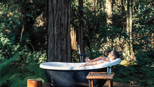 A rustic outdoor bathtub in a forest setting. -  Kanimbia Cottages (Coolabine)