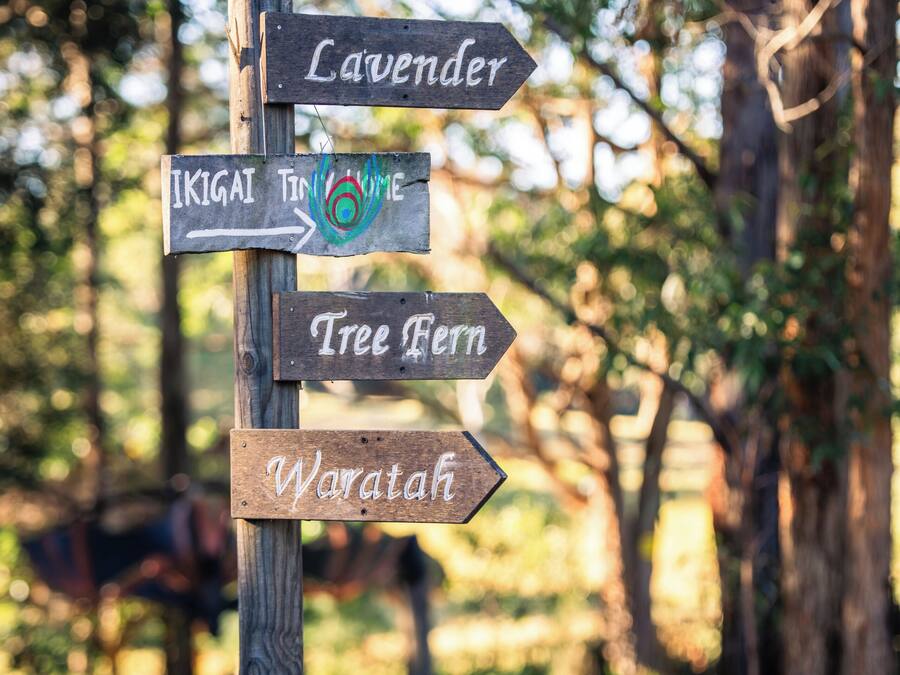 A wooden signpost with directional arrows pointing to different locations.