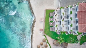 Vista aérea de un hotel frente a la playa con piscina, palmeras y una playa.