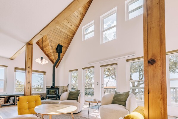 TV, fireplace, books, stereo - Escape to Tranquility: Views & Modern Amenities (Idyllwild-Pine Cove)