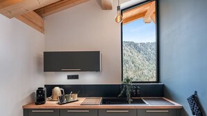 A modern kitchen with a built-in stove, a sink, and a window with a view of a forest. - L'ATTIQUE - brand new apartment for 10 people in the center of Chatel (CHATEL)