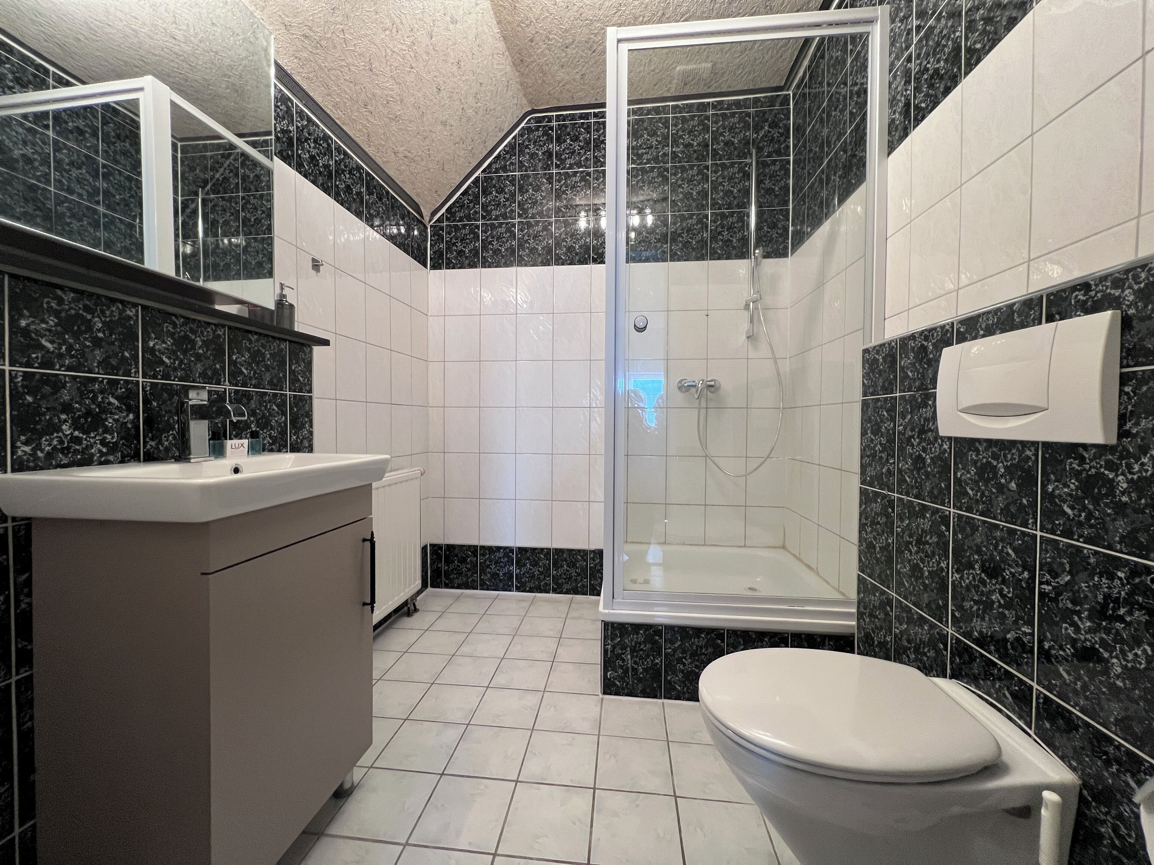 A bathroom with a toilet, sink, and shower.