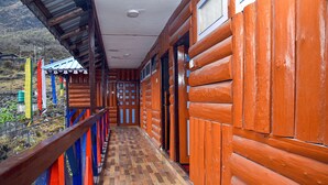 Un pasillo con paredes y suelo de madera que conduce a una puerta con ventanal.