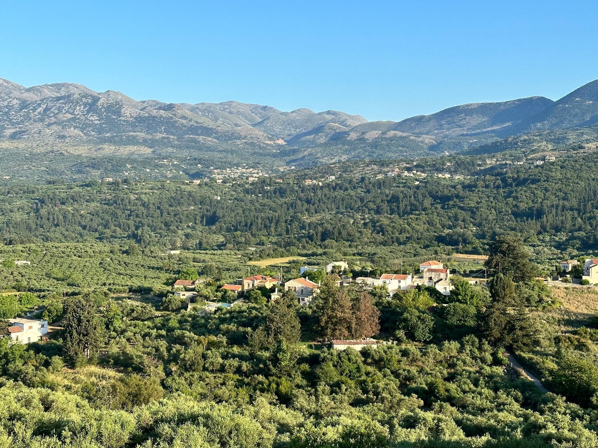 Un paisaje montañoso con casas dispersas y vegetación densa.