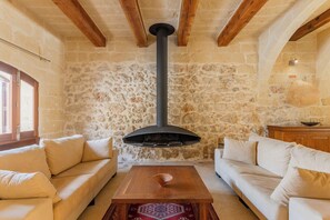 En 21-tommers Flatskjerm-TV med Parabol-TV samt peis