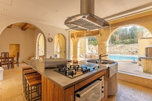 Family House, Multiple Bedrooms (OneFifty Gozitan Villa and Pool) | Private kitchen | Fridge, microwave, oven, stovetop - Onefifty Gozitan Villa and Pool (Xaghra)