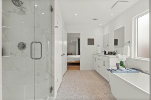 Hair dryer, towels, soap, shampoo