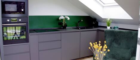A modern kitchen with a skylight, a built-in oven, and a green accent wall.