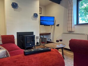 Una televisión, una chimenea