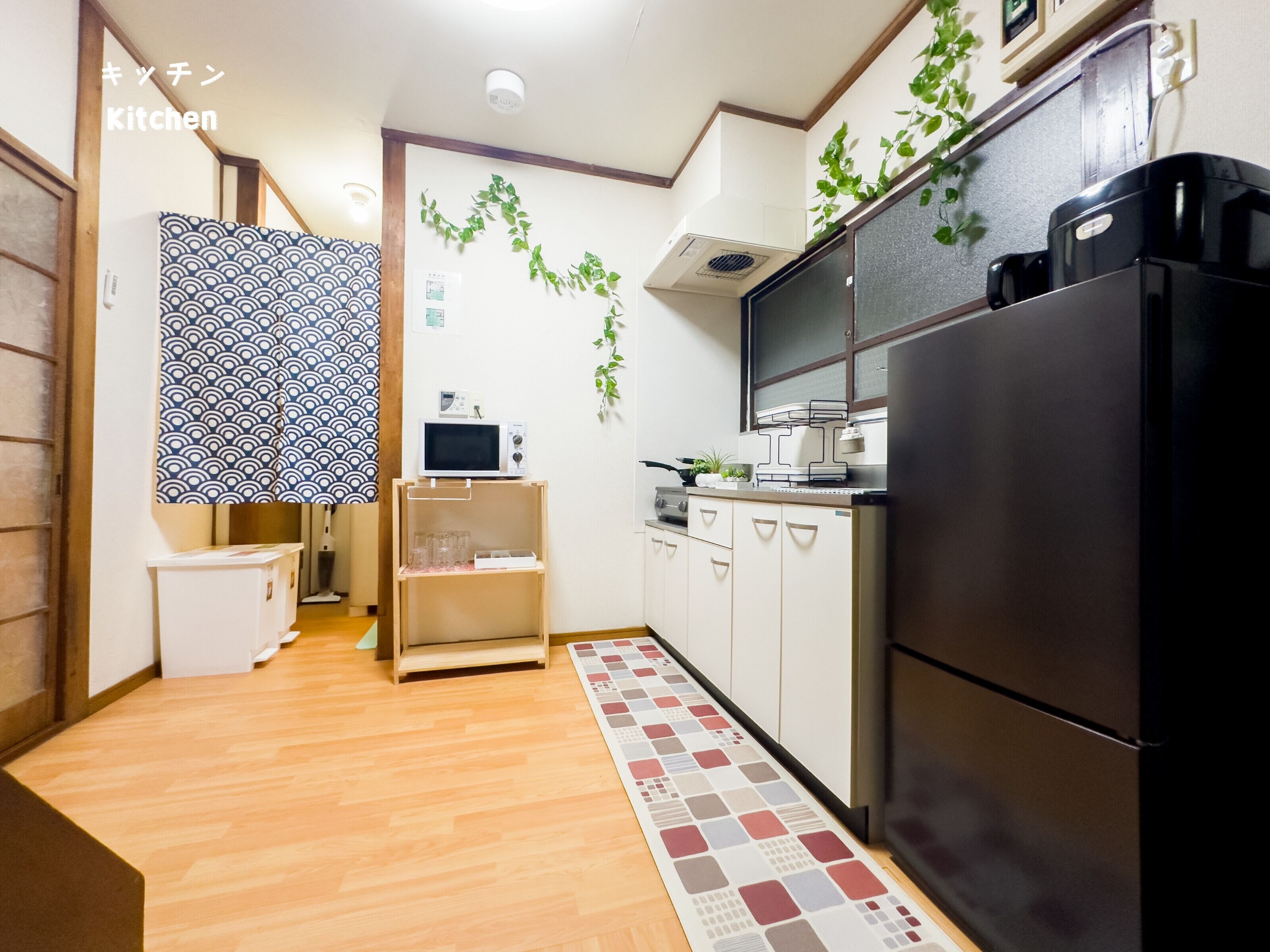 Fridge, microwave, stovetop, electric kettle