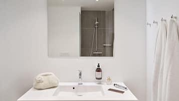 Dusch, miljövänliga toalettartiklar, hårtork och handdukar