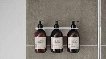 Shower, eco-friendly toiletries, hair dryer, towels