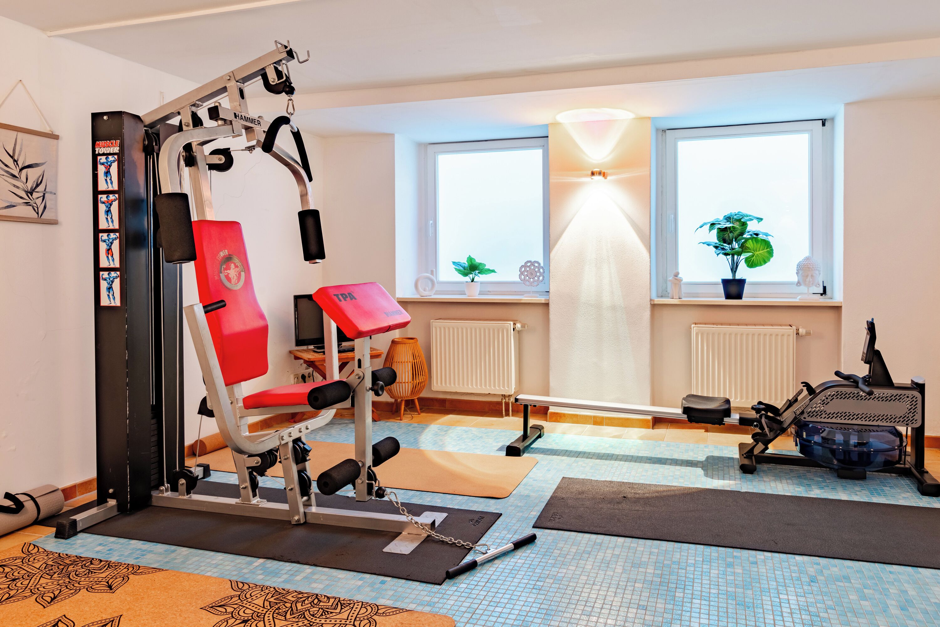 Una palestra in casa con un macchinario per esercizi rosso e nero, tappetini da yoga e un vogatore.