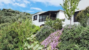 Ein modernes, zweistöckiges Haus mit Balkon, umgeben von üppiger Vegetation und blühenden Pflanzen.