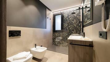 Shower, hair dryer, bidet, towels