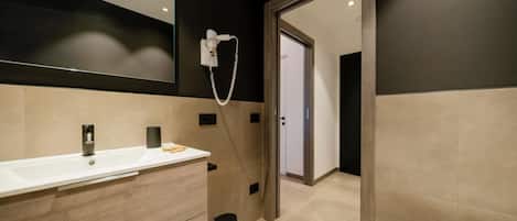 Shower, hair dryer, bidet, towels