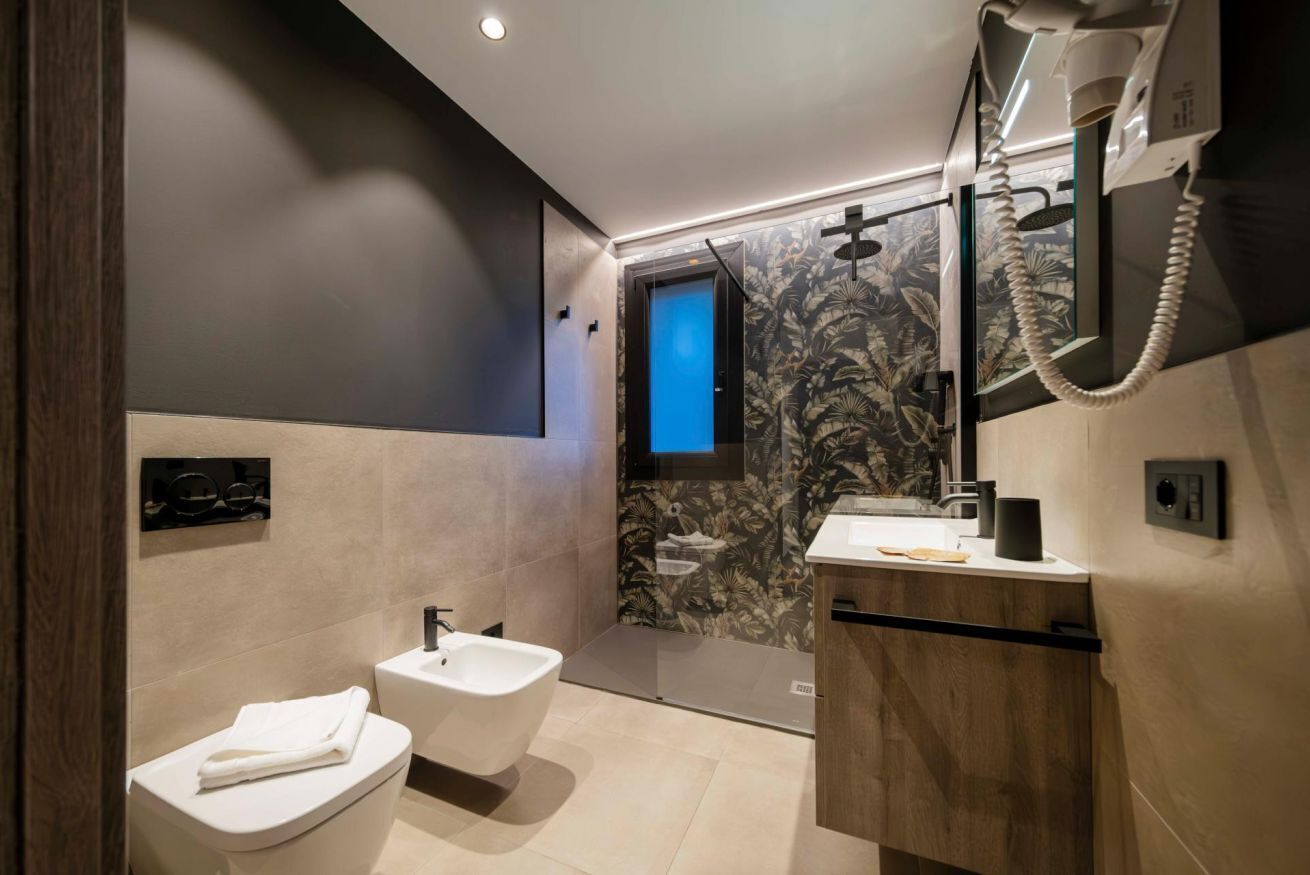 Shower, hair dryer, bidet, towels