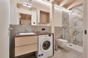 Shower, hair dryer, bidet, towels
